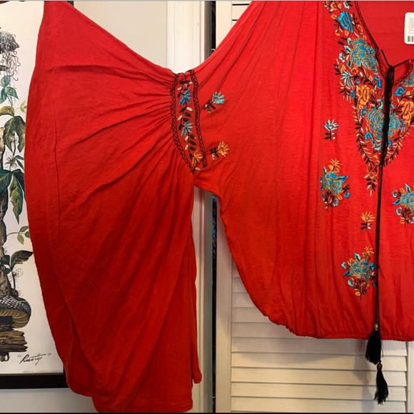 Free People Bohemian Red Embroidered Billowy Puff Bell Sleeve Top NWT - Picture 3 of 8